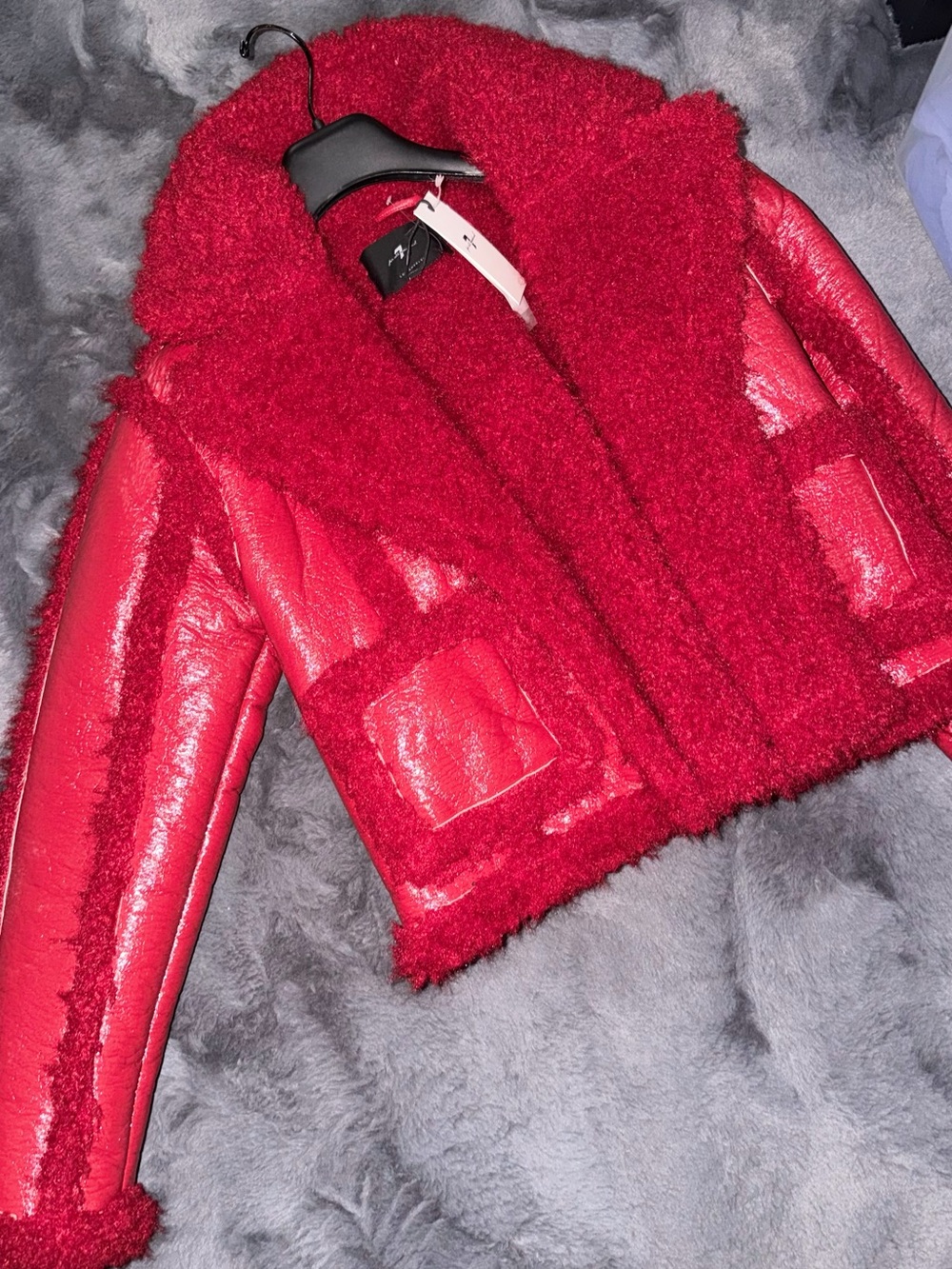 7 For All Mankind Red Faux Shearling Cropped Teddy Jacket